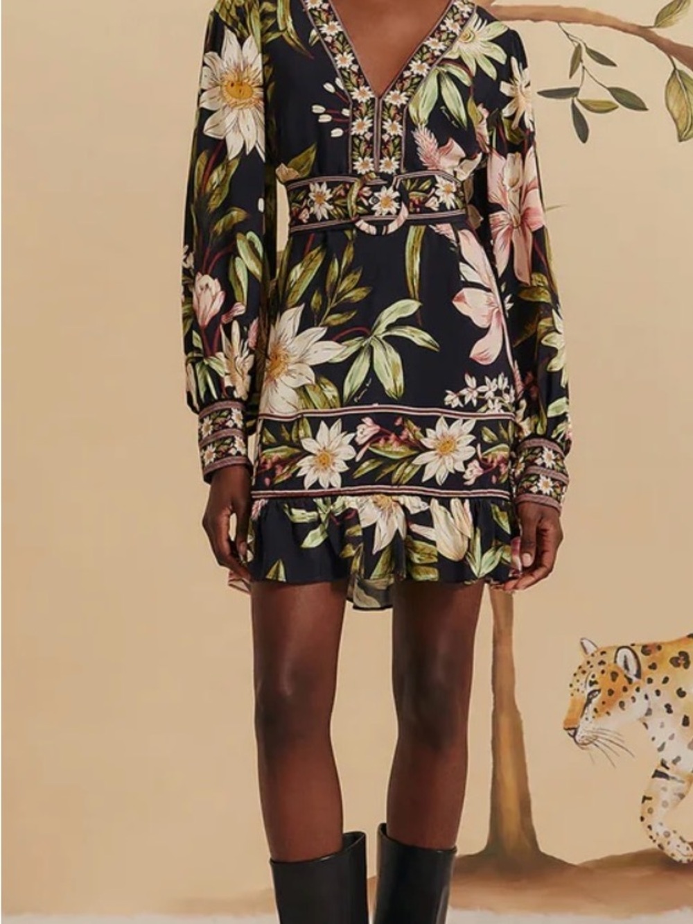 FARM Rio Surreal Flowers Black Long Sleeve Mini Dress XS NWT